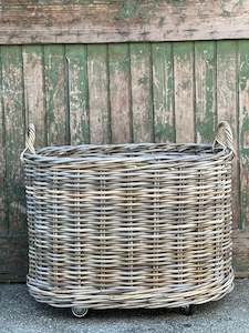 Large Oval Cane Basket On Wheels