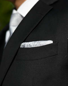 Menswear: SCHOOL BALL-FORMAL SUIT HIRE | Silver Paisley Pocket Square TO HIRE