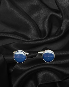 Menswear: Cufflinks | Circular Blue Stone with Chrome Edging