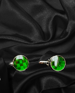 Cufflinks | Circular Green Glass with Chrome Edging