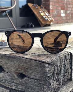 Electric Pukeko Sunglasses - Round Black Matt Frame with Orange Lenses & Zebrano Wood Arms