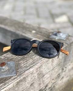 Electric Pukeko Sunglasses - Round Black Matt Frame, Grey Lenses and Zebrano Wood Arms