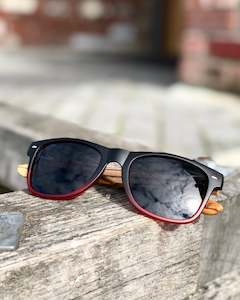 Menswear: Electric Pukeko Sunglasses - Gradient Black to Red Frames with Zebrano Wood Arms