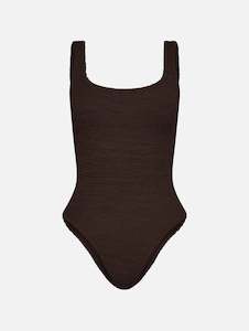 Womenswear: Square Neck Swimsuit in Metallic Chocolate