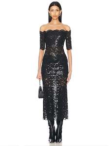 Sequin Lace Midi Skirt in Black