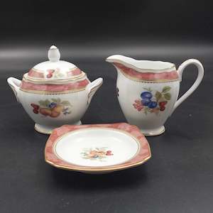 Noritake - Fruit Monogram 1597 - Milk Jug, Sugar Bowl, and Small Dish