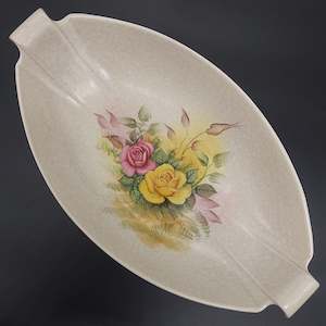 Crown Devon - Hand-painted Pink and Yellow Roses, signed S Venn - Oval Bowl