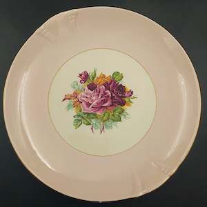 Kitchenware: Crown Lynn - Cabbage Roses - Cake Plate with Pink Rim