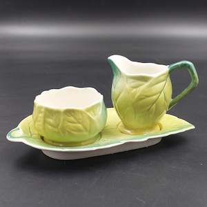 Kitchenware: Royal Winton - Leaves, Green and Yellow - Milk Jug and Sugar Bowl on Tray