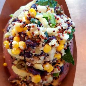 Kumara Loaded with Black Beans, Sundried Tomato, Corn, Jalapeno & Kale