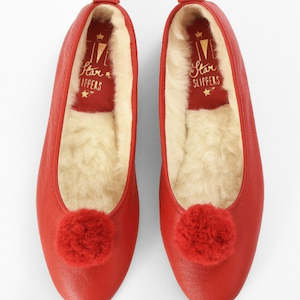 Italian Leather Slippers - Pom Pom Ballet in Red