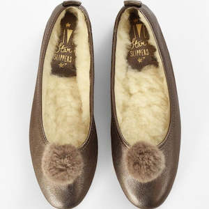 Italian Leather Slippers - Pom Pom Ballet in Bronze