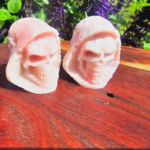 Unpolioshed Pink Opal Hooded Skull Carving