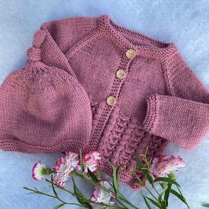 Baby wear: "Little Jo" hand knit merino cardigan and hat set