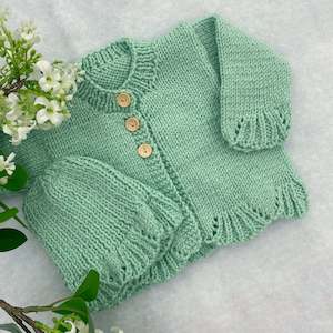 Baby wear: "Poppy" hand knit merino baby cardigan & hat set