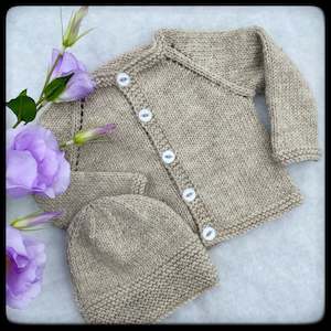 Baby wear: "Parker" eyelet sleeve baby cardigan and beanie set