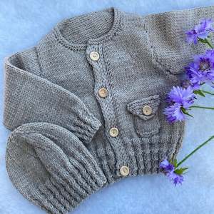 "Boston" hand knit merino baby cardigan & hat set (6-9m)