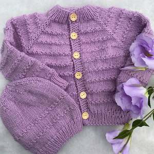 Baby wear: "Luiw" hand knit merino baby cardigan & hat set