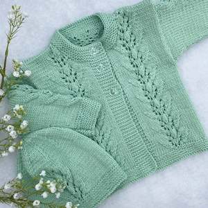 Baby wear: "Abby" hand knit merino baby cardigan and hat set