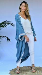 AMAIA DUSTY DESERT BLUE EMBROIDERED LONG KIMONO