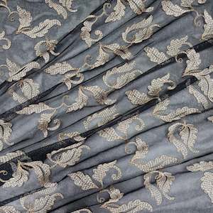 Stretch Mesh ~ Embroidered Gold Leaf