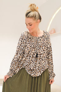 Noosa Long Sleeve Blouse - Beige Leopard