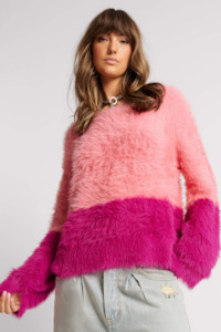 Fluffy Colour Block Sweater - Hot Pink