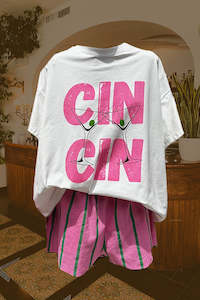 Womenswear: Cin Cin Tshirt Set - Pink/Green Stripe