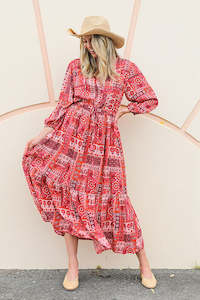 Womenswear: Spring Drawstring Midi Dress - Patchwork Red