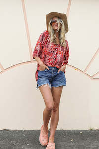 Short Sleeve Button Blouse - Patchwork Red