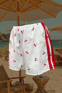 White Cherry Racer Shorts - White with Red