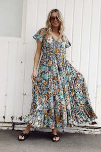 Grove Flutter Sleeve Maxi - Navy Dahlia Bloom