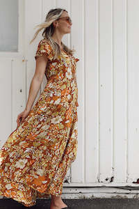 Womenswear: Grove Flutter Sleeve Maxi - Rust Dahlia Bloom