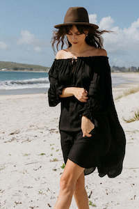 Noosa Off The Shoulder Tunic - Black Rayon Voile