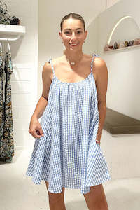 Tie Gingham Mini Dress - Blue Gingham