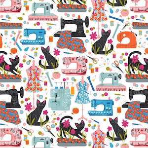 Purrfect Stitches by Mel Armstrong - Cats & Sewing Icons on an Off-White Background