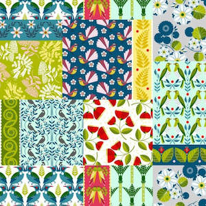 Folk Tales - New Zealand Native Plants & Flowers in Blocks on Multi-Coloured Background