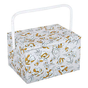 Large Sewing Storage Box - Spring Floral in Charcoal & Ochre on Beige