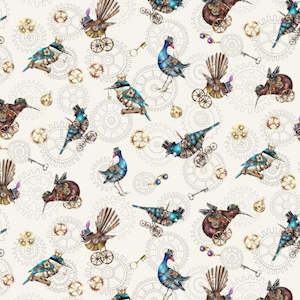 Gears & Feathers - New Zealand Native Birds in Steampunk Regalia on Off-White