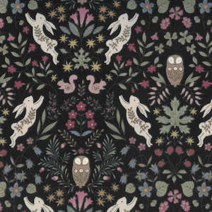 Craft material and supply: Soten - Forest print with Owls & Rabbits on Dark Charcoal Grey background