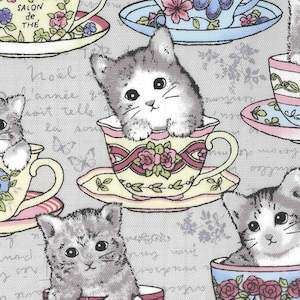 Toku - Lovely print with Kittens & Teacups on Soft Grey background