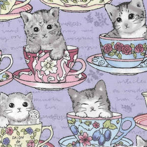 Toku - Lovely print with Kittens & Teacups on Lilac background