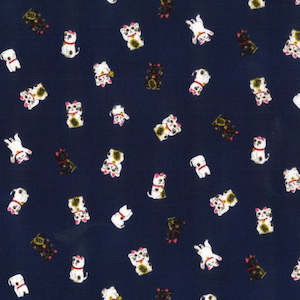 Nani -  Japanese design with Multi-coloured Lucky Cats Linen-look Indigo background