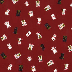 Nani -  Japanese design with Multi-coloured Lucky Cats Linen-look Red background