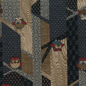 Santai - Traditional Japanese design with Multi-coloured Owls on Linen-look Navy…