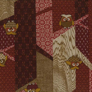 Santai - Traditional Japanese design with Multi-coloured Owls on Linen-look Rust…