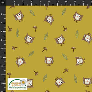 Craft material and supply: Cotton / Elastane Stretch Jersey - Owls & Mushrooms on Mustard