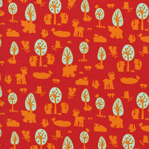 Craft material and supply: Woodland Park - Orange and turquoise designs on red