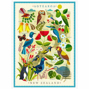 Aotearoa New Zealand Birds - Panel with Native Birds & Plants - Panel (80 cm wide)