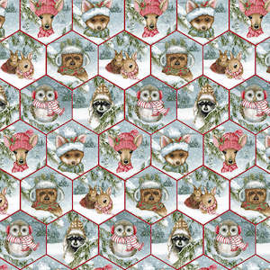 Craft material and supply: Magical Menagerie Honeycomb - Adorable Animals in Christmas Gear on a Snowy Blue Background